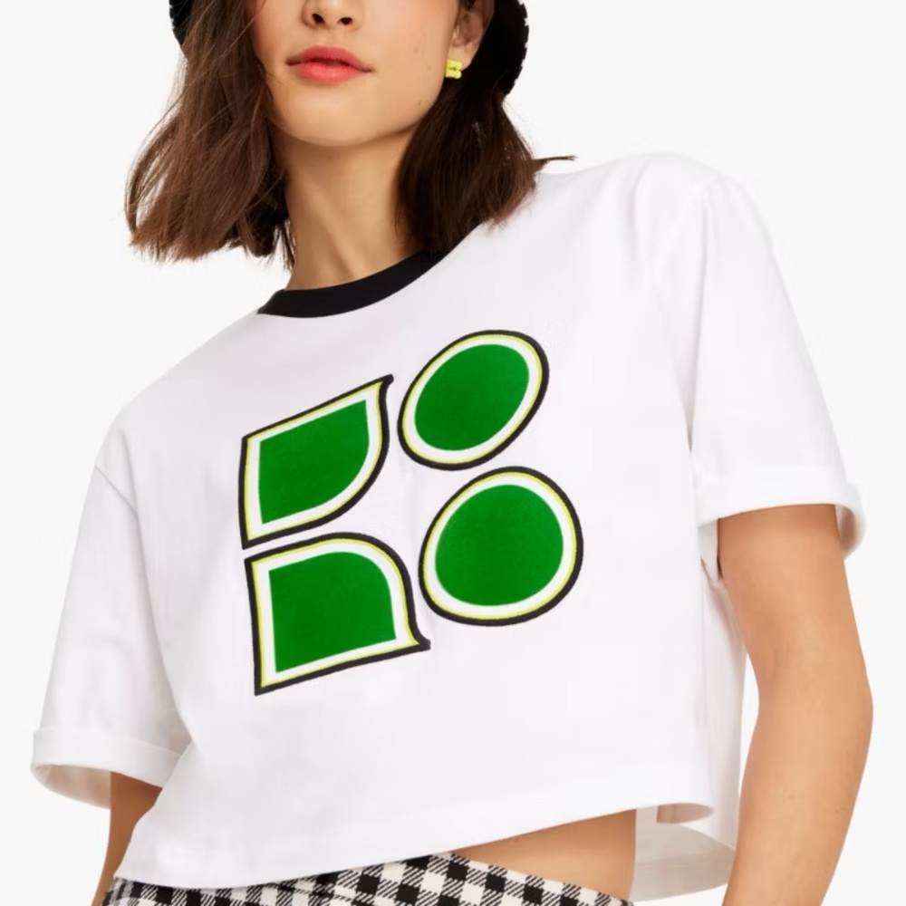 Kate Spade Noel Logo T-Shirt Cropped Ringer Tee Women’s Small White Velvet Green
